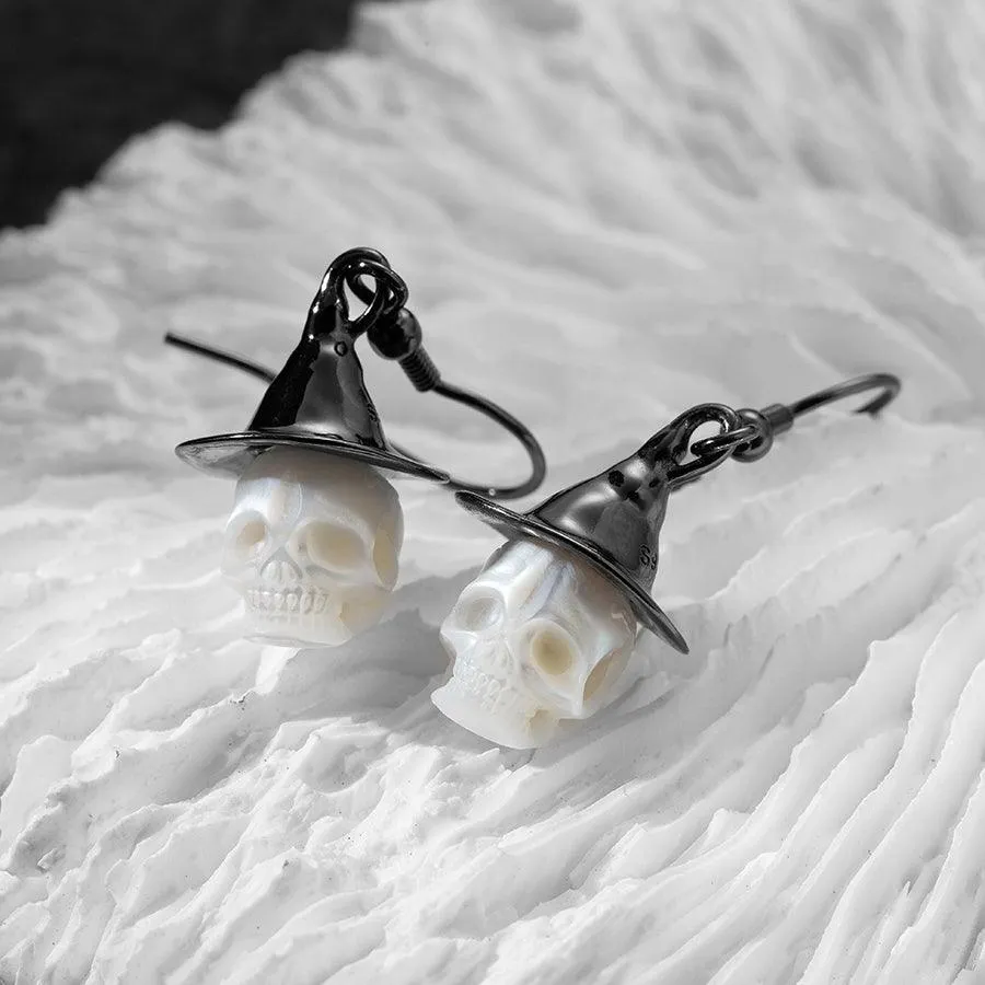 Witch Hat Pearl Carved Skull Earrings