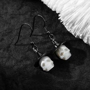 Witch Hat Pearl Carved Skull Earrings
